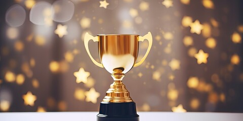 Award-winning golden trophy on wooden table against white bokeh background, with space to include text.