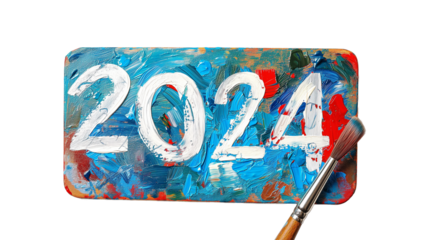 Colorful paint palette with brush creating dynamic 2024 figures, illustrating artistic concept or corporate annual planning theme
