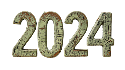Vintage textured 2024 numerals with a cracked paint effect isolated on a transparent background, ideal for calendar and event-themed designs