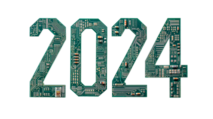 Circuit board themed digits forming 2024 isolated on transparent background, symbolizing the intersection of technology and future advancement