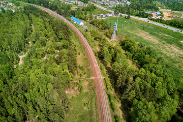 Aerial view of an electrified railway line passing next to a railway electrical substation