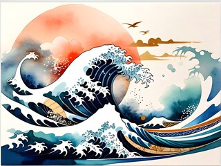 Watercolor painting. Japanese artwork with big wave, castle on mountain the background