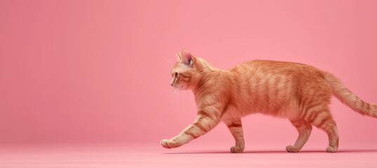Flurry cat walking on pastel background in studio shot for advertising with copy space on left side