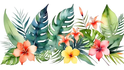  abstract watercolor tropical plants, flowers leaves and twigs on a white background, cover, banner, decoration, wallpaper © pornpun