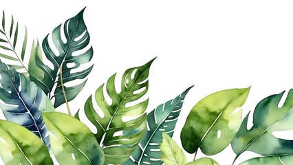 Fototapeta na wymiar abstract watercolor tropical plants, flowers leaves and twigs on a white background, cover, banner, decoration, wallpaper