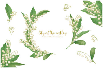 水彩手描きの鈴蘭の花を装飾したフレーム素材