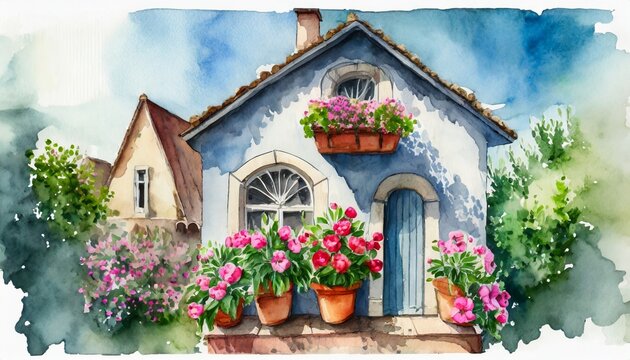 Watercolor illustration of old house with flowers in pots. Provence style building facade decorated with plants.