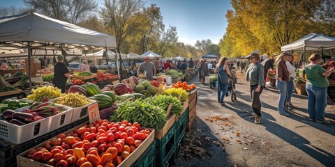 An early morning farmers market scene, bustling with vendors and customers, fresh produce on display, capturing the essence of local commerce and community. Resplendent. - obrazy, fototapety, plakaty