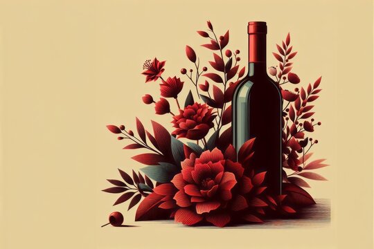 Generated image of a bottle of wine sitting next to a bunch of red flowers, stylized design, red and brown color scheme