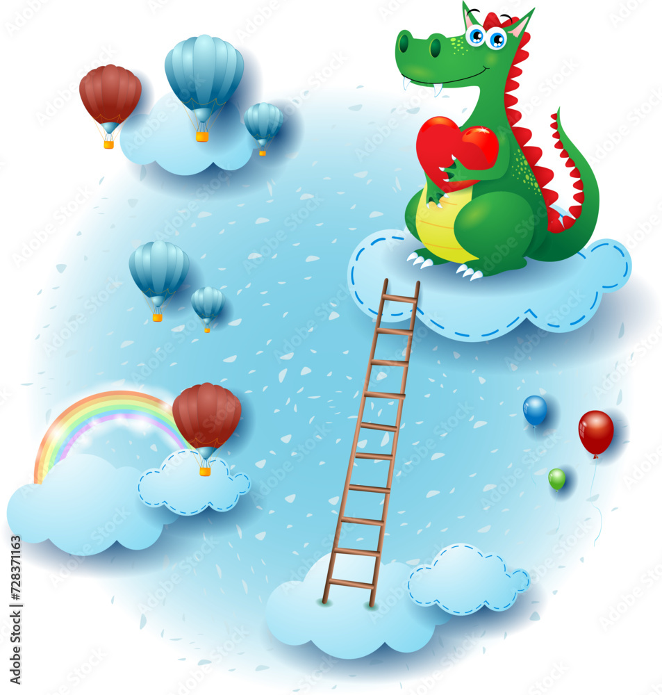 Canvas Prints Sky landscape with clouds, dragon in love and ladder. Fantasy illustration vector eps10