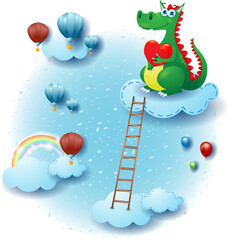 Sky landscape with clouds, dragon in love and ladder. Fantasy illustration vector eps10