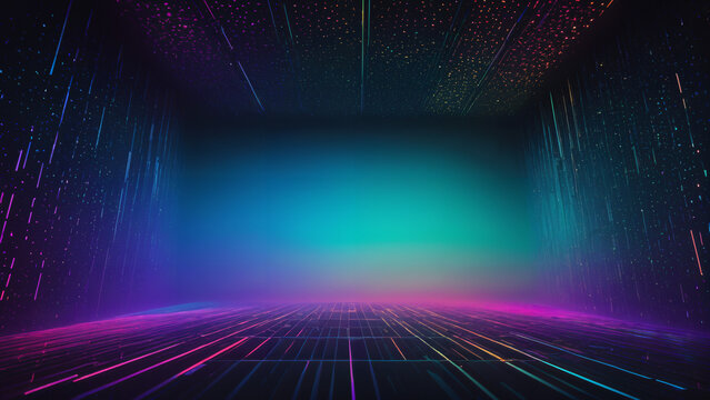 a close up of a neon lit room with a black background, holodeck, panoramic anamorphic