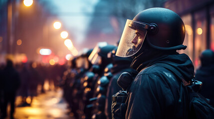 Police officers look on after a crowd starts a riot - obrazy, fototapety, plakaty