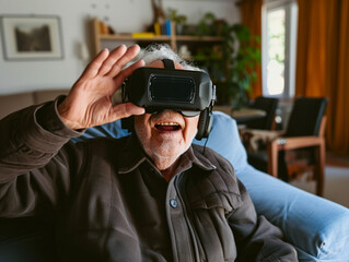 online education Senior Man wearing VR Headset with Living Room Background