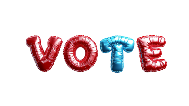Red and blue foil balloons forming the word VOTE on a transparent background, representing the concept of elections and the importance of civic participation