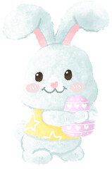A white Easter bunny wearing a yellow shirt hugs a pink egg.
