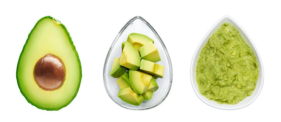 Avocado, cut avocado and avocado spread
