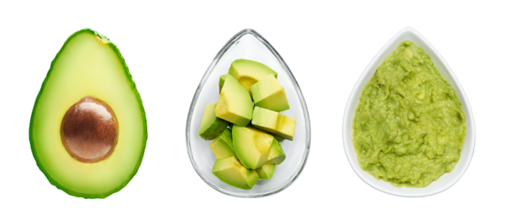 Avocado, cut avocado and avocado spread
