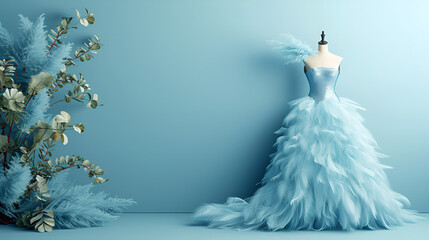Light blue party dress with feather decor. Fashion illustration for shopping catalog. generative ai