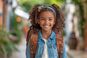 Smiling Girl with Backpack and Hair Bow, Celebrating National Smile Month Generative AI