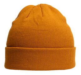 A vibrant mustard yellow knitted bobble hat, a warm and stylish accessory choice for chilly days isolated