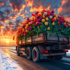 Truck car with colorful tulip flowers on the road in a winter countryside with sunset. Concept of...