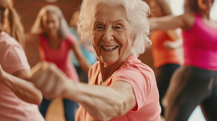 Elderly woman on dancing class. 