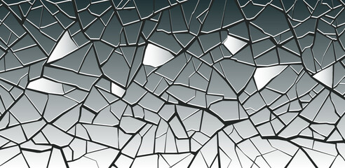 Vector broken transparent glass into small pieces. Wide banner with cracks. Background or wallpaper. Screen shattered texture effect. Splits. - obrazy, fototapety, plakaty