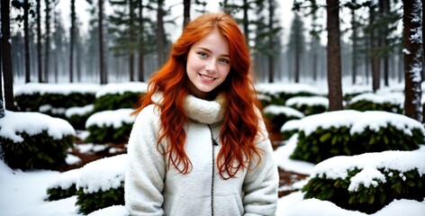 Young beautiful woman. Girl with luxurious red hair. A woman in winter clothes with bright embroidery. A face with freckles. In the background there is a winter pine forest. Winter snowy landscape.