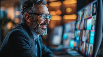 Fototapeta premium Man With Glasses Looking at a Computer Screen