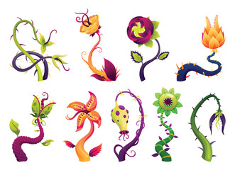 Carnivorous plant set. Cartoon flytraps or flower predators. Angry flowers, monster plant icons. Vector illustration