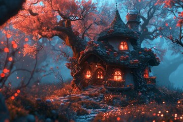 Fantasy fairy tale house in the forest at night. Halloween concept.