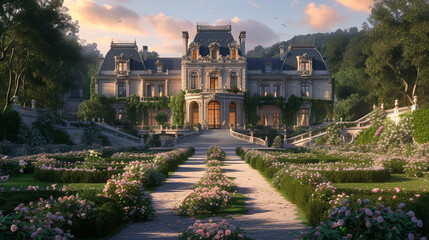a scene of a French chateau with ornamental details, large windows, and formal gardens. 