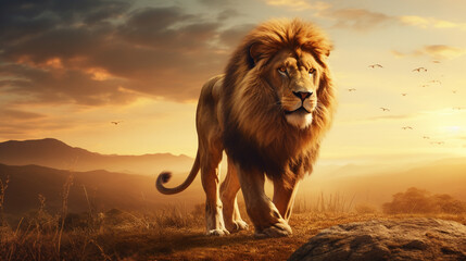 lion in the sun, lion in the sunset, a high resolution image of a majestic lion
