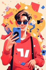 Man Holding Cell Phone in Red Shirt