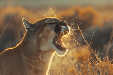 Roaring cougar or mountain lion hunts its prey