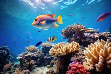 Naklejka na ściany i meble Exotic marine life and vibrant coral reefs.