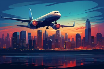 Naklejka premium Airplane Flying Over City at Sunset
