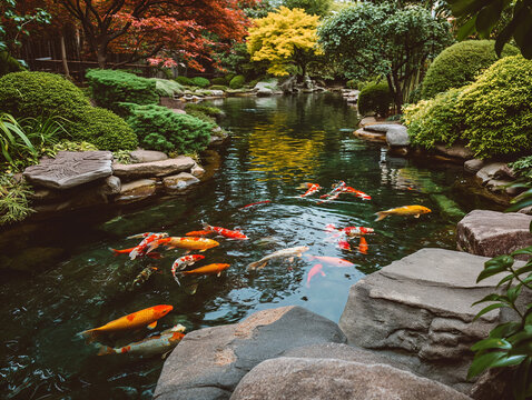 Koi fish pond in a zen garden japanese architecture on a sunny day with plants and trees around