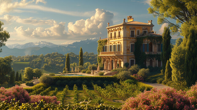 a scene of an Italianate villa with ornate balconies, lush vineyards, and rolling hills. 