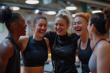 Smiling group of friends in sportswear laughing together while standing arm in arm in a gym after a workout.