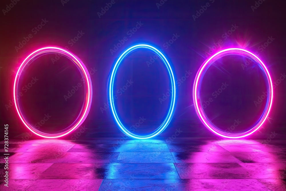 Poster set of futuristic neon portals on transparent background.