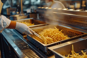 Preparation of french fries in a professional kitchen