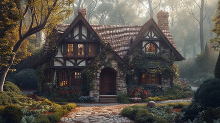 a Tudor-style home with half-timbered walls, steeply pitched roofs, and a cozy, old-world feel.  - Powered by Adobe