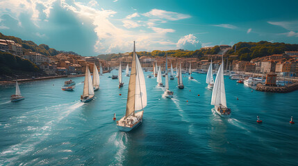 A regatta, with a bustling marina as the background, during a summer sailing festival - obrazy, fototapety, plakaty