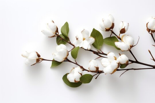 Cotton branch isolated on white background. White cotton flowers.