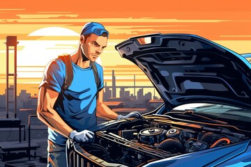 Man Working on Car Engine