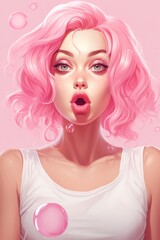 Obraz na płótnie Canvas Woman Blowing Bubbles With Pink Hair
