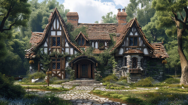 a Tudor-style house with half-timbered walls, steeply pitched roofs, and leaded glass windows. 