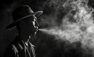 Monochrome image of mafioso silhouette smoking on black background, close up - obrazy, fototapety, plakaty